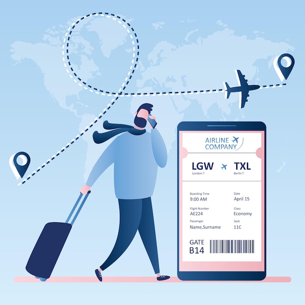 모바일에 바코드 코드가 있는 여행가방과 스마트폰 탑승권을 들고 있는 남성 힙스터 여행자
