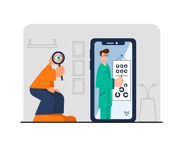虫眼鏡を持ち、医師と携帯電話を見ている男性。現代のオンライン デジタル ヘルスケア サービス。インターネット診療・検診。青とオレンジ色のベクトル フラット図