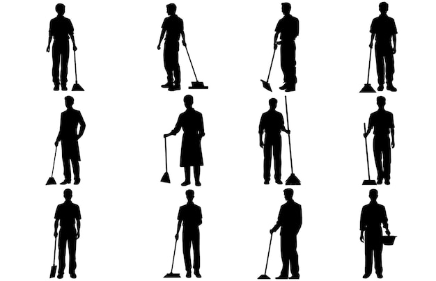 Vettore silhouette di un domestico maschio uomo che pulisce il pavimento