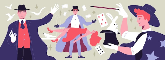 Vector male illusionists performing tricks with pigeons woman and white rabbit at magic show flat illustration