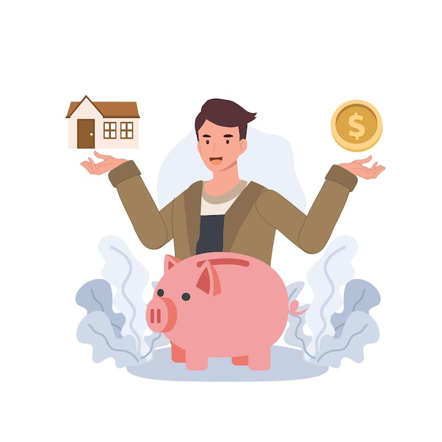 Male investing finance in home concept man Saving money for buying a house Flat vector cartoon character illustration