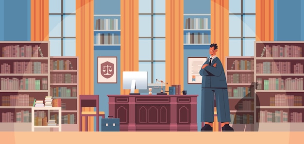 Vettore avvocato maschio in piedi vicino al posto di lavoro consulenza legale e giustizia concetto moderno ufficio interno figura intera illustrazione vettoriale orizzontale