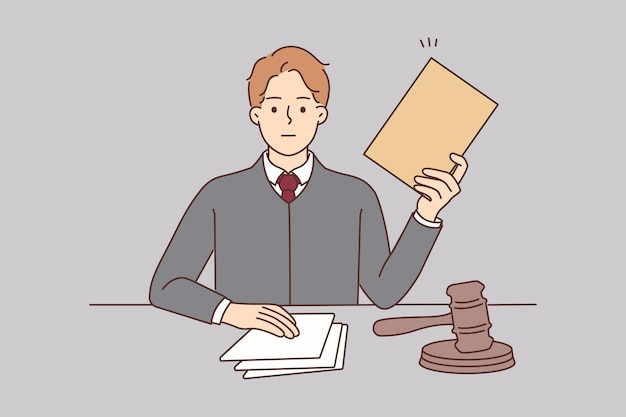 Male lawyer with documents sit at desk