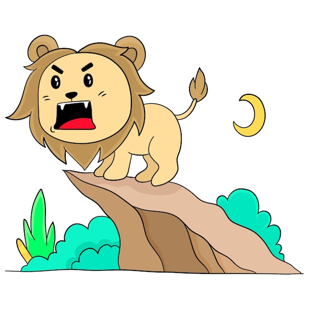 The male lion is roaring on the top of the cliff. cartoon illustration cute sticker