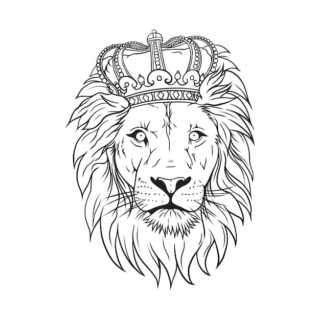 Vector male lion wearing royal crown vector line art illustration