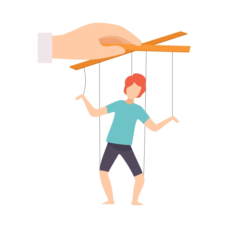 Vector male marionette on ropes controlled by hand manipulation of people concept vector illustration on white background
