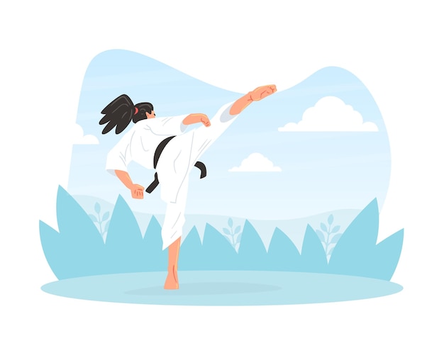 Male martial art fighter character wearing white kimono performing high kick outdoors cartoon vector illustration
