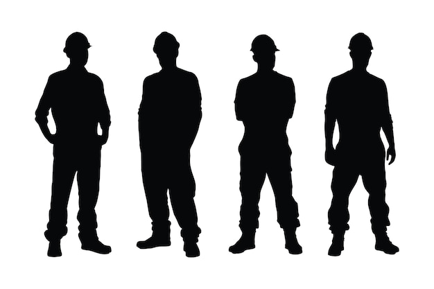 白い背景に男性の石工のシルエット 建設労働者が制服を着て機器を持って立っている 匿名の顔を持つ男性煉瓦工 男性煉瓦工のシルエット コレクション