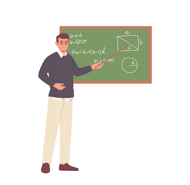 male math teacher character standing at blackboard holding pointer and teaching mathematics lesson