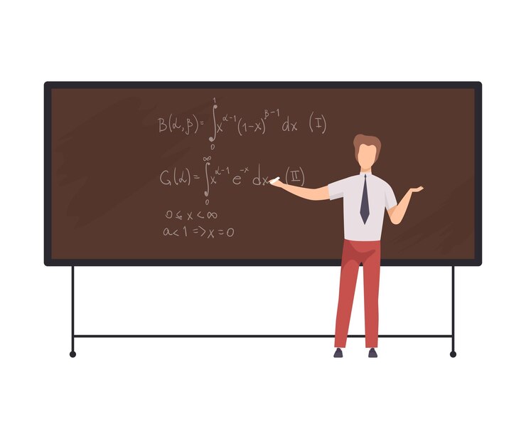 Vector male math teacher professor teaching students while standing in front of chalkboard flat vector illustration