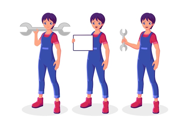 Vector male mechanic holding a wrench collection set