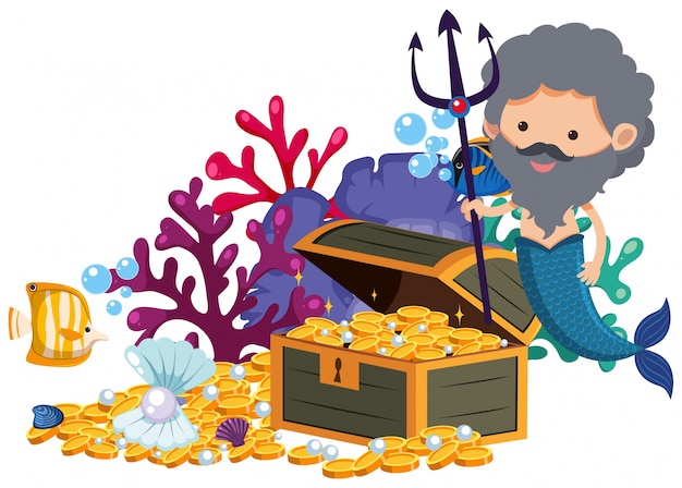 Vector male mermaid with trident and golden coins