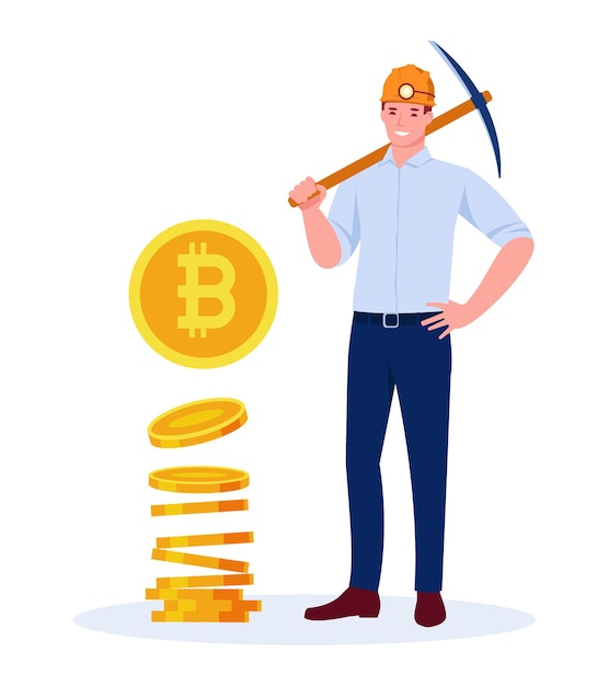 곡괭이가 있는 광부의 헬멧을 쓴 남성 광부. Bitcoin 동전의 스택입니다. 평면 만화 스타일의 벡터 개념입니다. 흰색 배경에 고립.