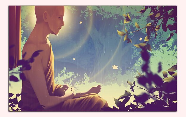 Vector a male monk is seeing the noble truths of the universe in his meditation