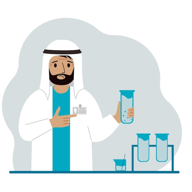 Male muslim scientist with flasks experimental scientist laboratory assistant biochemistry chemical scientific research vector flat illustration