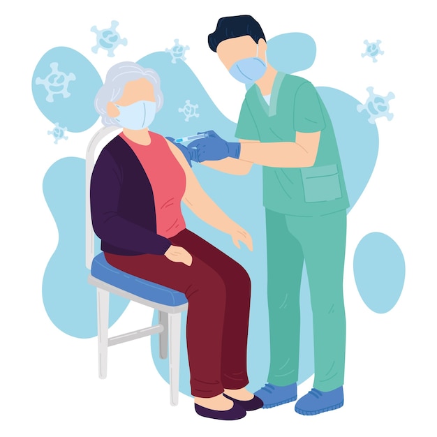 male nurse character applying vaccine to an old lady vector