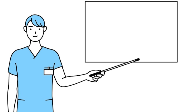 Male nurse physical therapist occupational therapist speech therapist nursing assistant in Uniform pointing at a whiteboard with an indicator stick