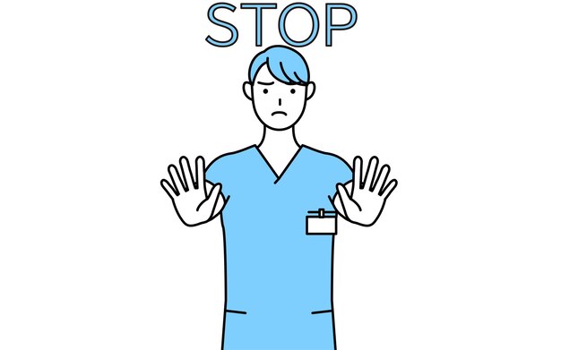 Male nurse physical therapist occupational therapist speech therapist nursing assistant in Uniform with his hands out in front of his body signaling a stop