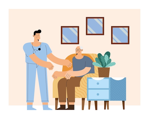 Vector male nurse with old man on chair