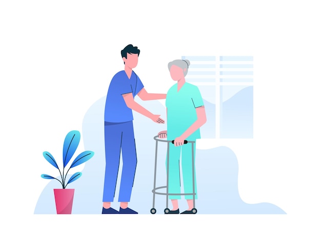 Male Nurse with Old Woman Vector Illustration