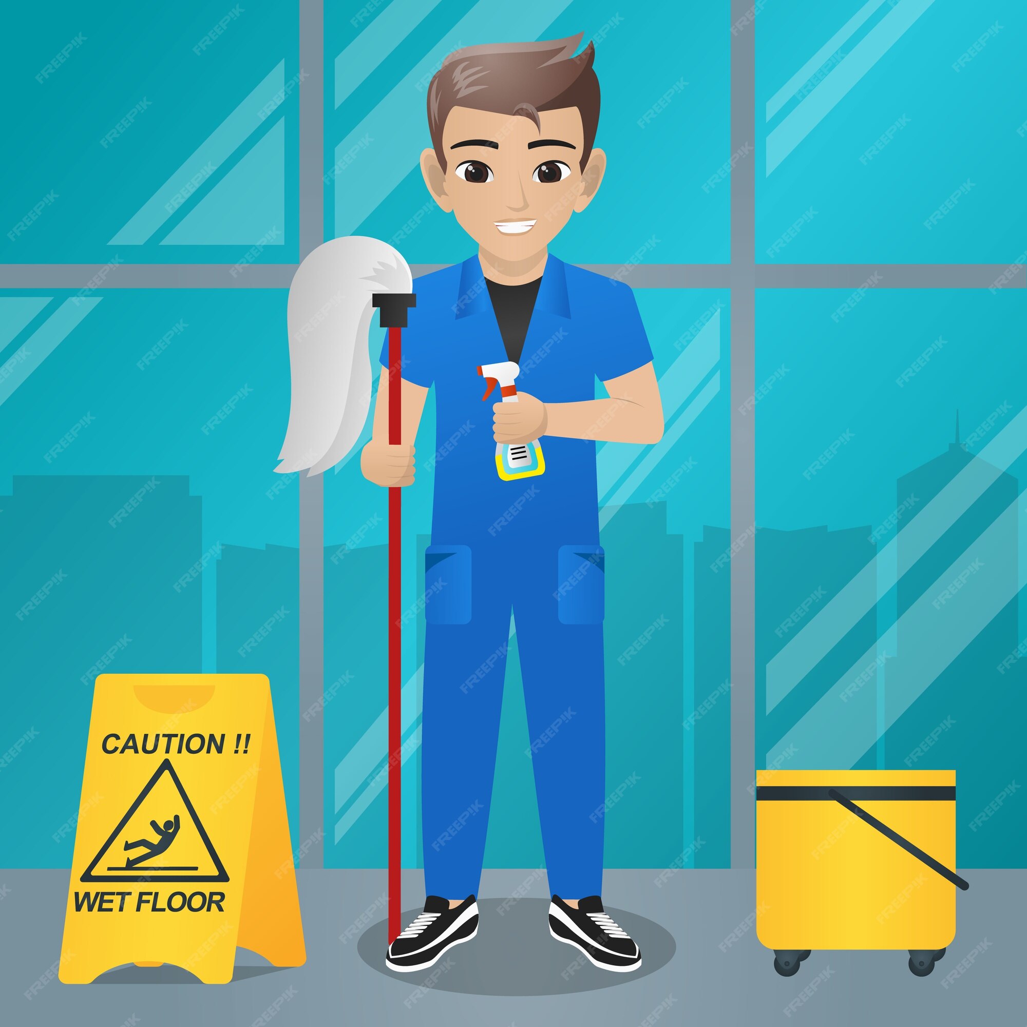 Premium Vector | Male office boy holding mop and spray/ spayer
