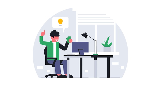 A male office worker got the idea to order food Online ordering food to the office Lunch break at work time to eat Workplace interior work table lamp light Vector illustration