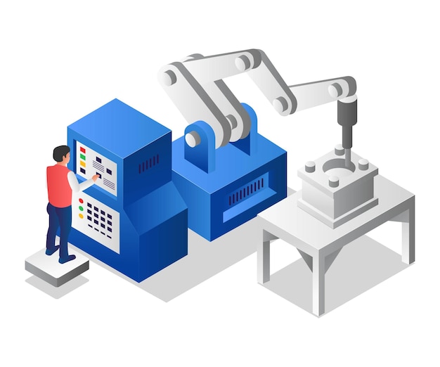 男性オペレーターが未来的な cnc マシンを実行しています。