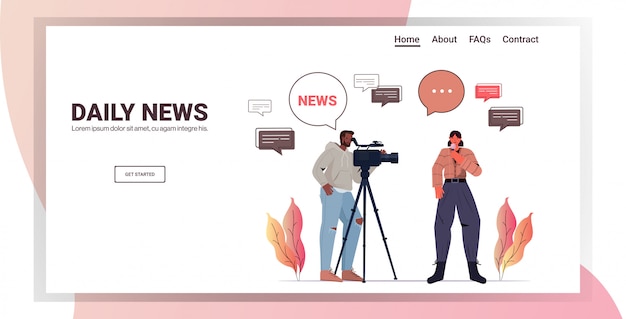 Male operator with female reporter presenting live news journalist and cameraman doing report together movie making concept horizontal copy space illustration