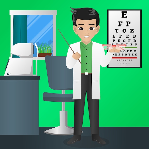 Vector male optician holding glasses and pointer