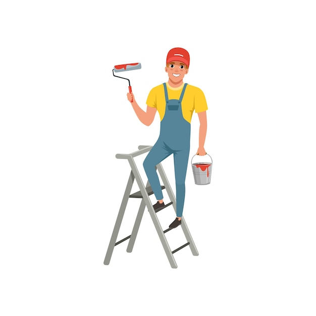 Male painter with roller in hand standing on step ladder, house renovation concept vector Illustration isolated on a white background.