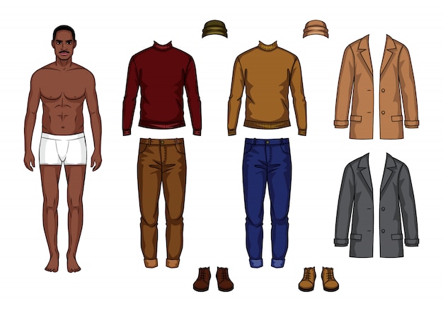 Male paper doll with set of clothes