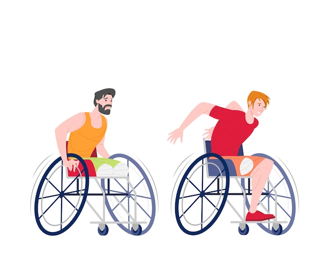 Atleti paralimpici maschi su sedia a rotelle in esecuzione isolato su priorità bassa bianca