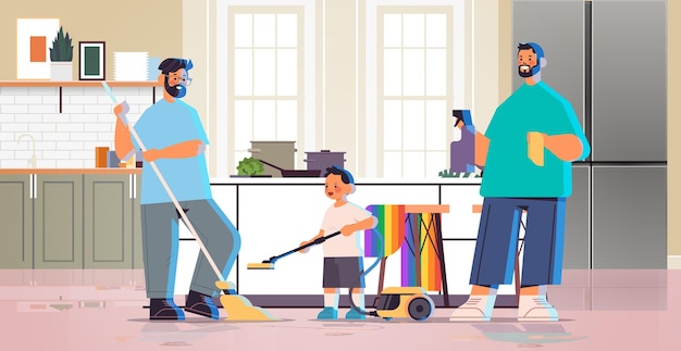 Родители-мужчины убирают дом с маленьким сыном. семья геев-трансгендеров любит концепцию сообщества лгбт.