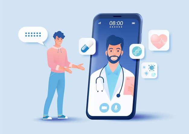 Vettore medico di consulenza per pazienti di sesso maschile che utilizza l'illustrazione vettoriale del concetto di telemedicina dell'app per smartphone