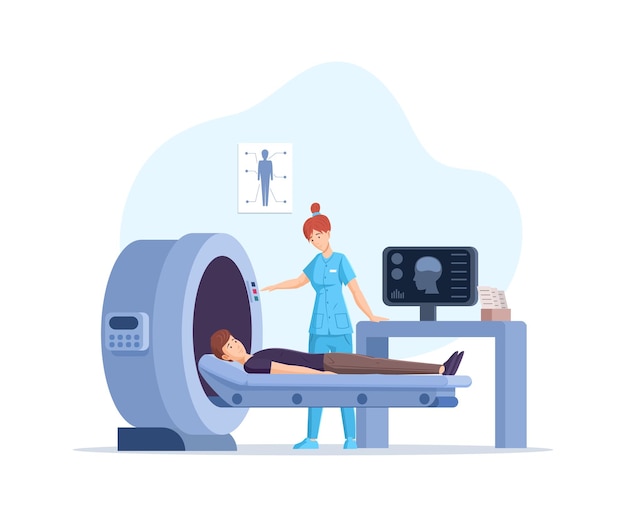 Vector male patient examination mri check up disease prevention at clinic with x ray body analysis