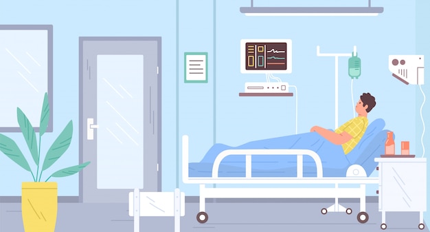 Male patient lying on bed at modern intensive therapy room vector flat illustration. Sick man with dropper at hospital interior. Medical clinic furniture and devices. Guy at ward during therapy