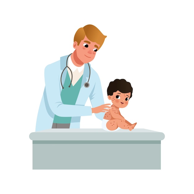 Male pediatrician examining infant with kid red rash healthcare for children vector Illustration isolated on a white background