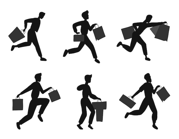 Male people carrying shopping bags silhouettes