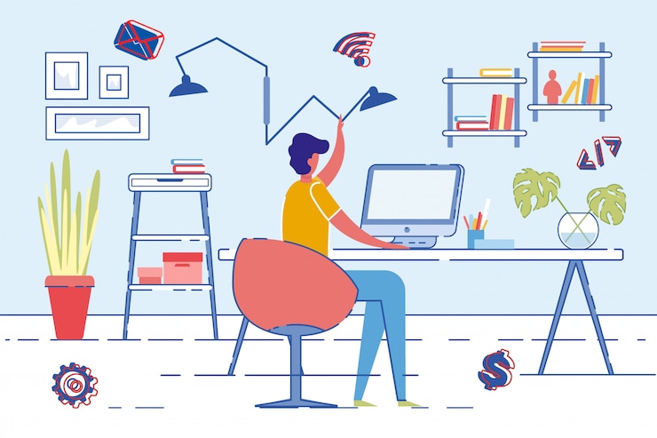 Vector male person working at home in front computer.