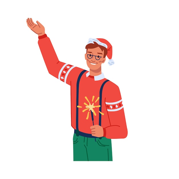 Male personage celebrating xmas and new year dancing man with bengal light wearing santa claus hat