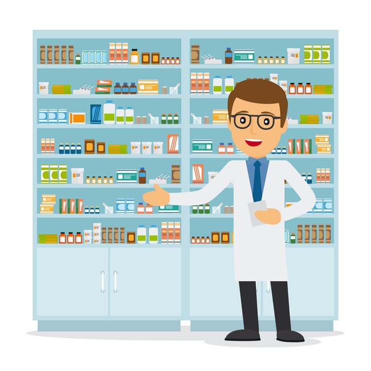 Vector male pharmacist in a pharmacy 