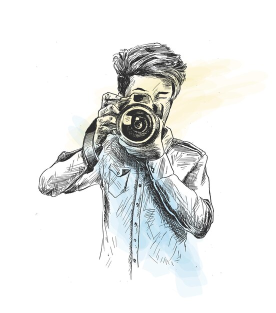 Male Photographer With Camera Hand Drawn Sketch Vector