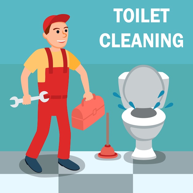 Male plumber cartoon with wrench tool near toilet