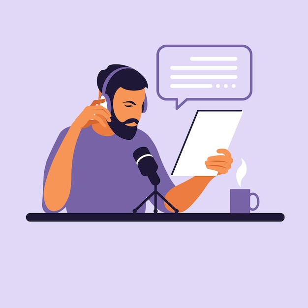male podcaster talking to microphone recording podcast in studio.