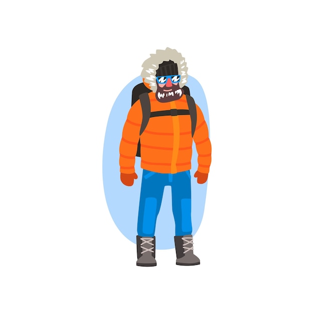 Male polar explorer in winter clothes expedition to the Arctic vector Illustration isolated on a white background