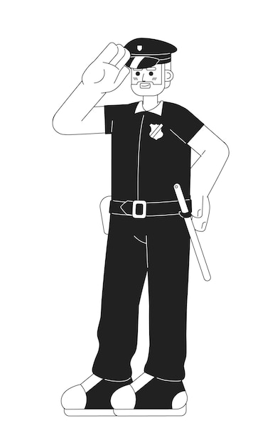ベクトル 笑顔の男性警官 黒と白の漫画 フラットイラスト 白人の成人警官 仕事線形 2dキャラクター 隔離された 警官制服 执法法令 単色シーンベクトル画像