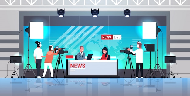 Vector male presenter interviewing woman in television studio tv live news show video camera shooting crew broadcasting concept flat full length horizontal