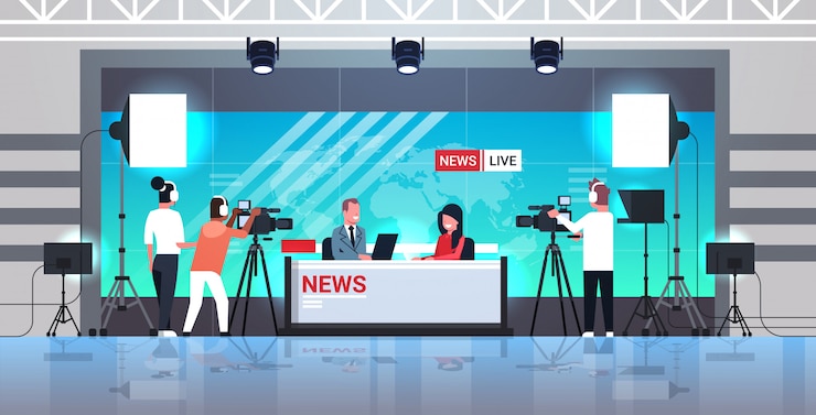 Vector male presenter interviewing woman in television studio tv live news show video camera shooting crew broadcasting concept