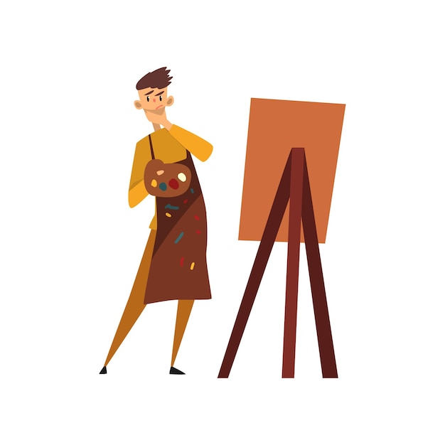 Male professional artist character in apron drawing on an easel with paints cartoon vector