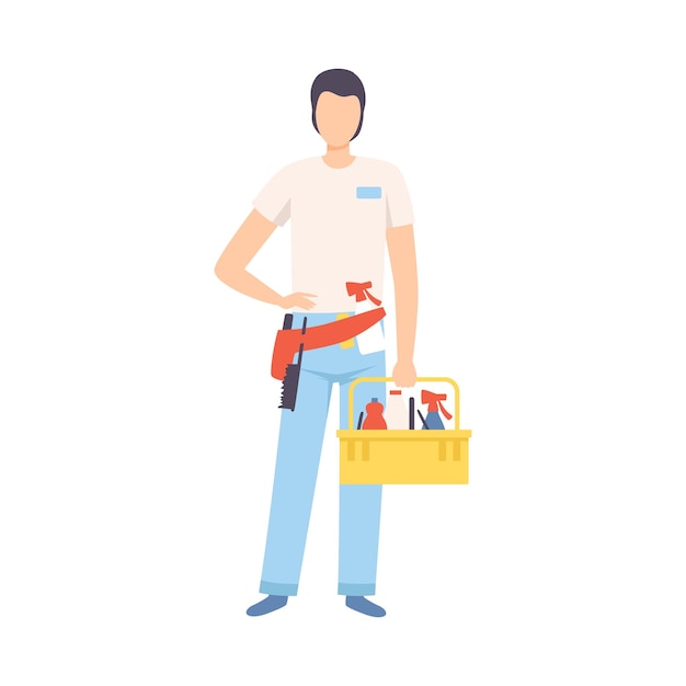 Мужчина-профессиональный уборщик с корзиной с моющие средствами уборка персонала компании характер одетый в